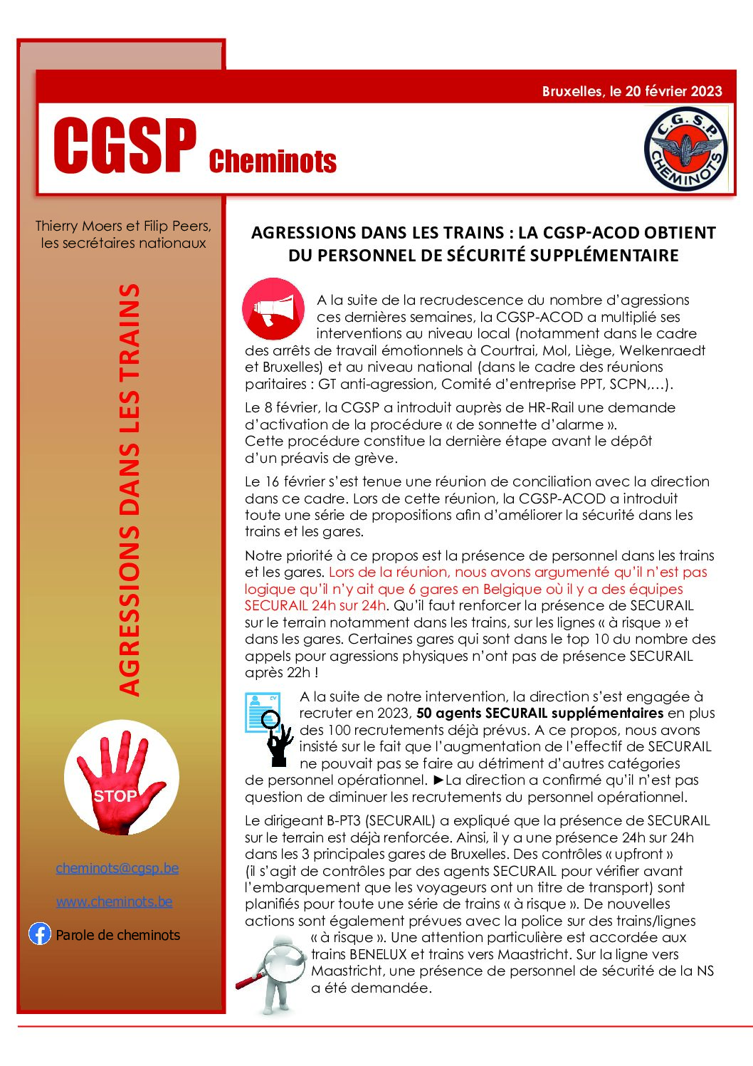 AGRESSIONS DANS LES TRAINS : LA CGSP-ACOD OBTIENT DU PERSONNEL DE SÉCURITÉ SUPPLÉMENTAIRE