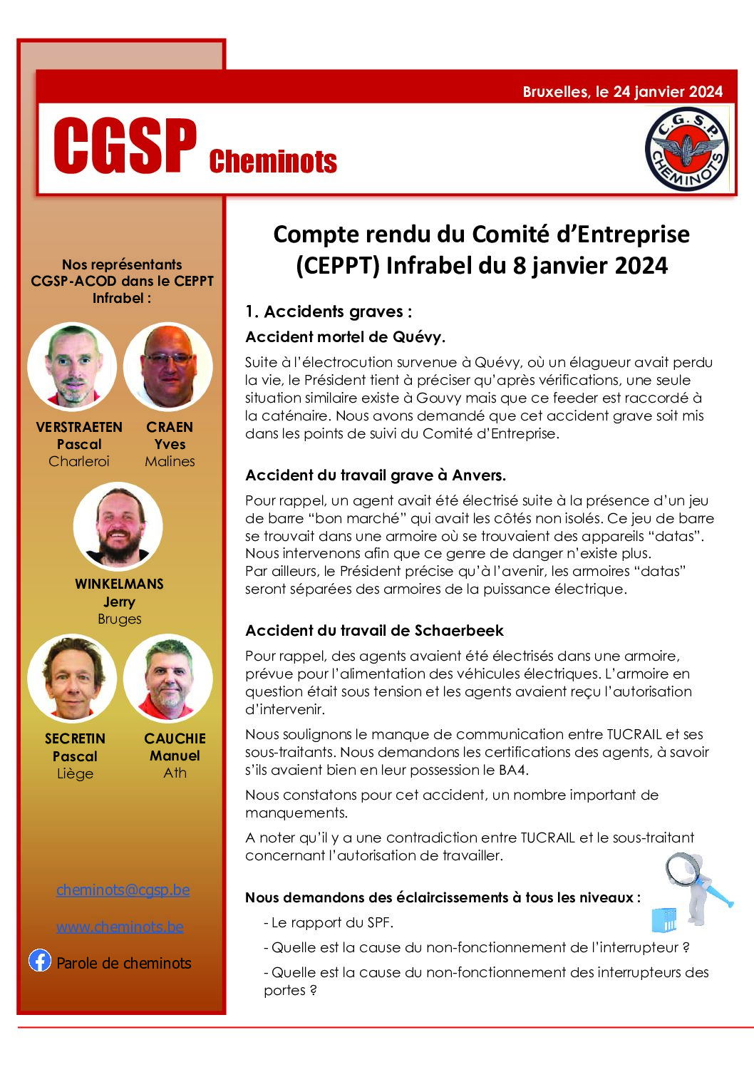 Compte rendu du Comité d’Entreprise (CEPPT) Infrabel du 8 janvier 2024