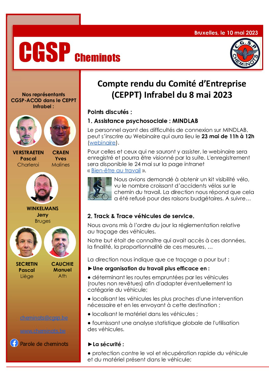 Compte rendu du Comité d’Entreprise (CEPPT) Infrabel du 8 mai 2023