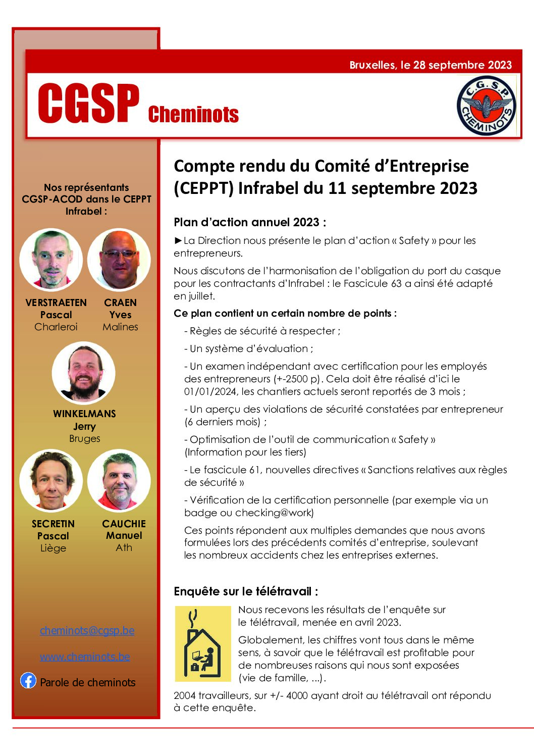 Compte rendu du Comité d’Entreprise(CEPPT) Infrabel du 11 septembre 2023