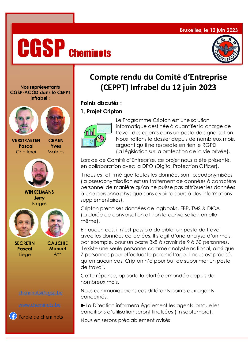 Compte rendu du Comité d’Entreprise (CEPPT) Infrabel du 12 juin 2023