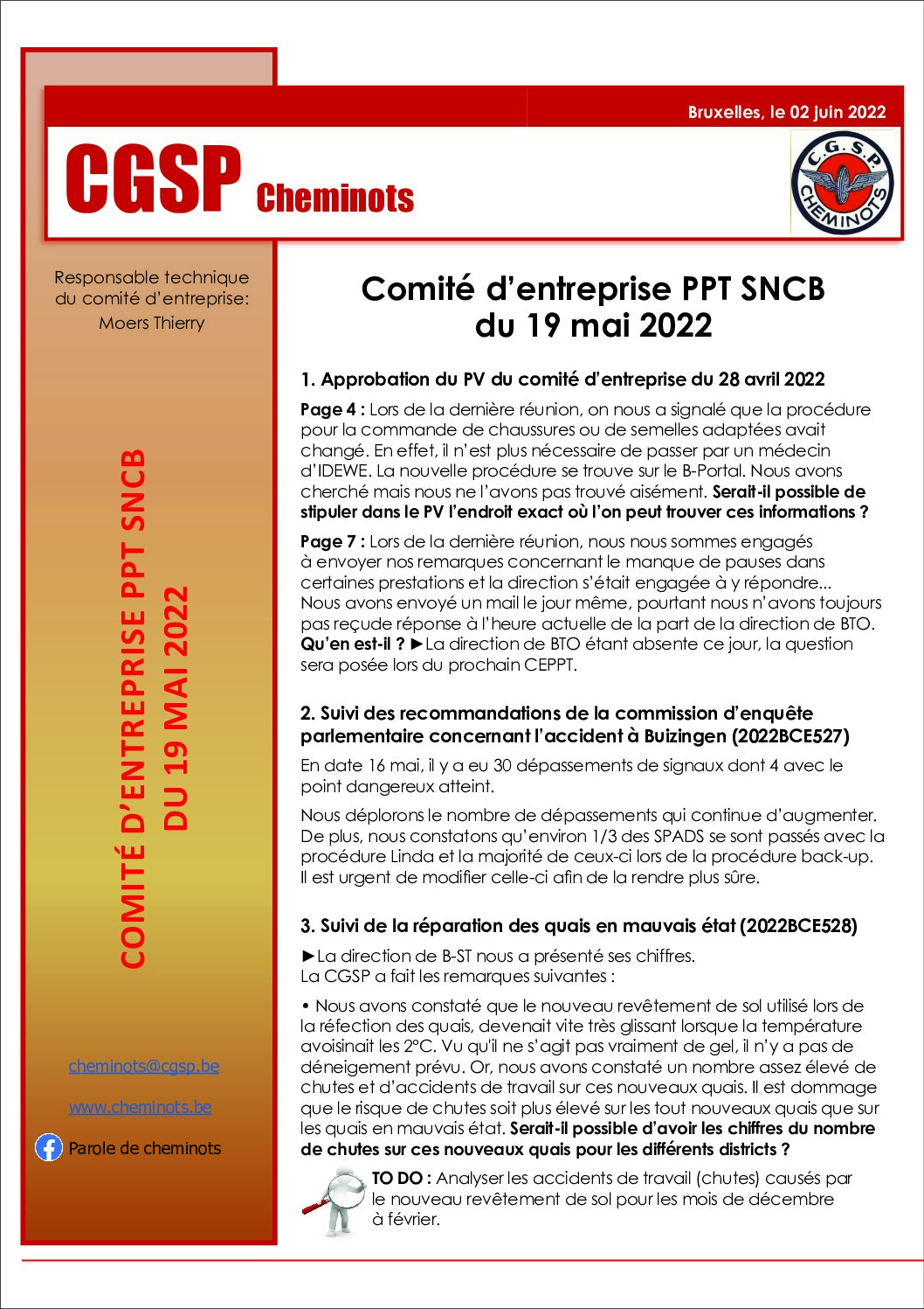 Comité d’entreprise PPT SNCB du 19 mai 2022