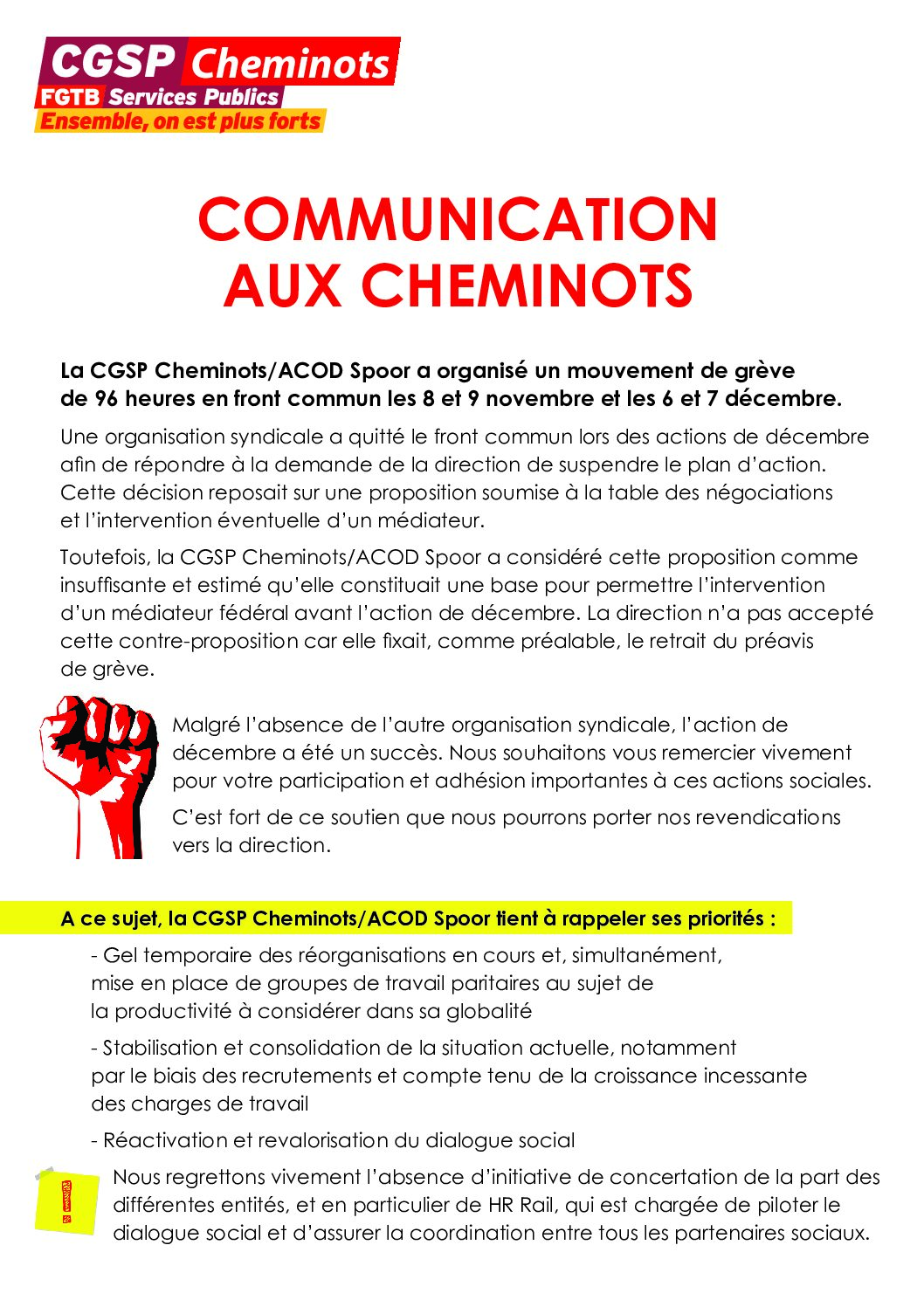 COMMUNICATION AUX CHEMINOTS