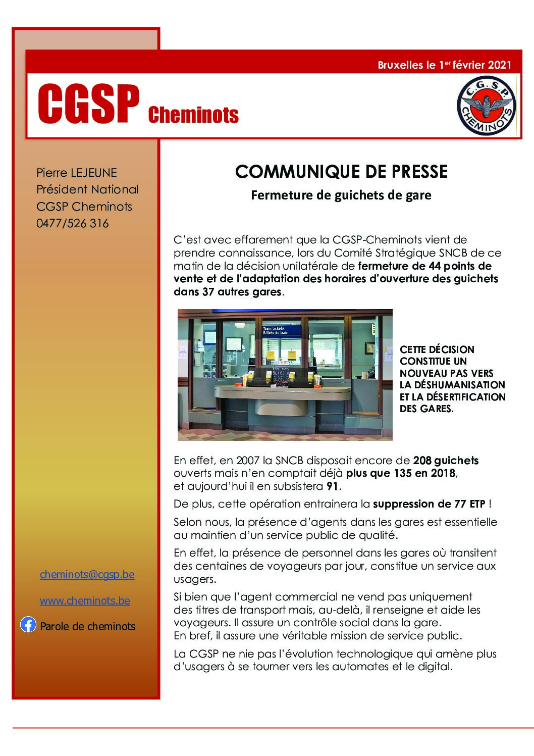 COMMUNIQUE DE PRESSE – Fermeture de guichets de gare