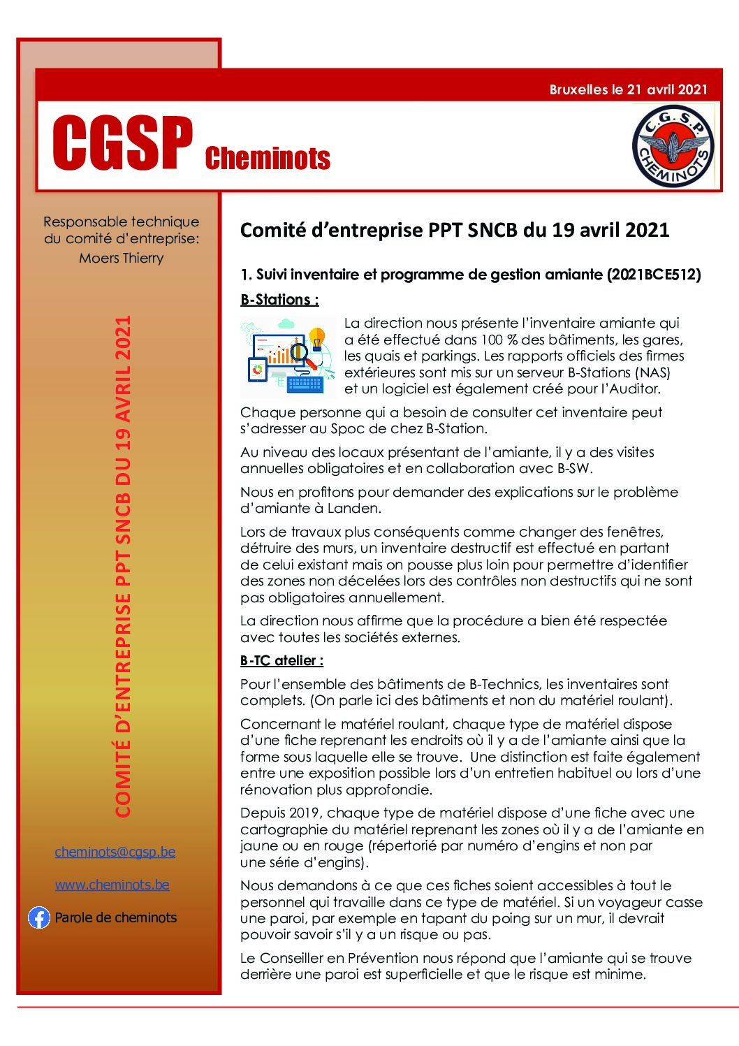 Compte-rendu du Comité d’entreprise PPT SNCB du 19 avril 2021