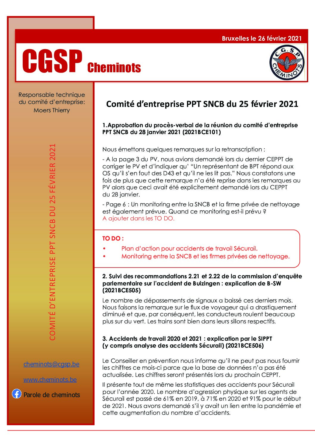 Compte rendu du Comité PPT SNCB du 25 février 2021