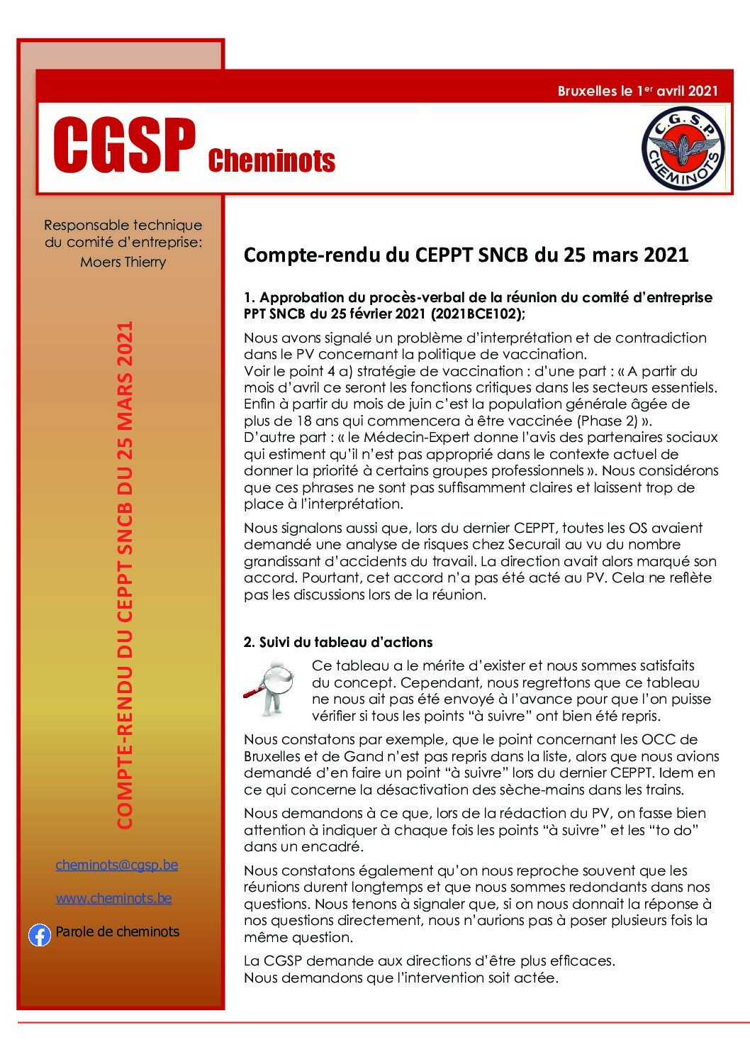 Compte-rendu du CEPPT SNCB du 25 mars 2021