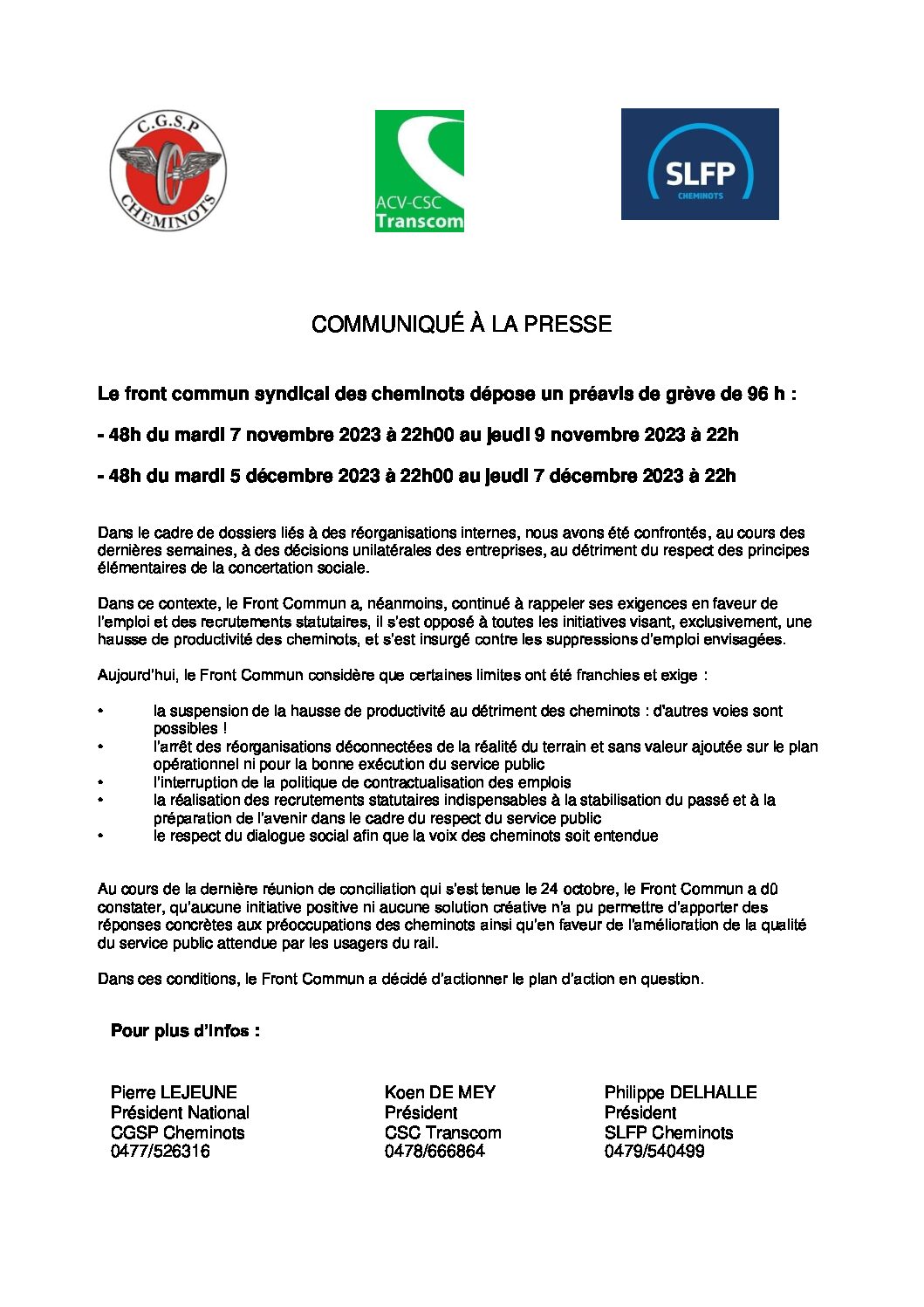COMMUNIQUÉ À LA PRESSE : Le front commun syndical des cheminots dépose un préavis de grève de 96 h