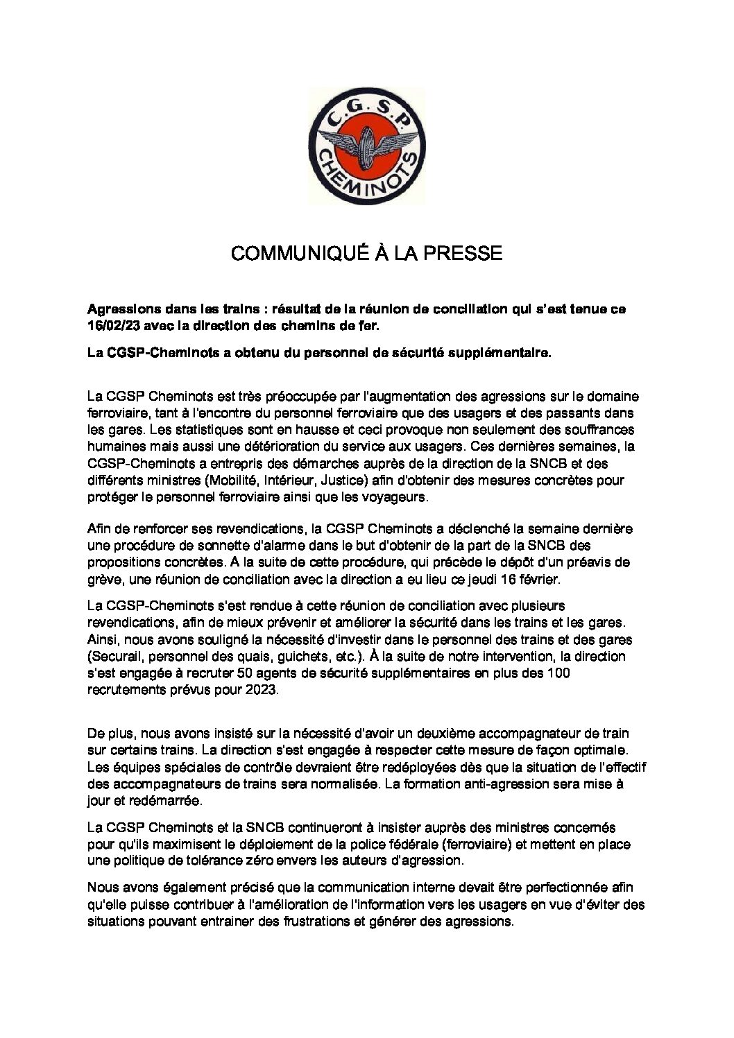 COMMUNIQUÉ À LA PRESSE : Agressions dans les trains