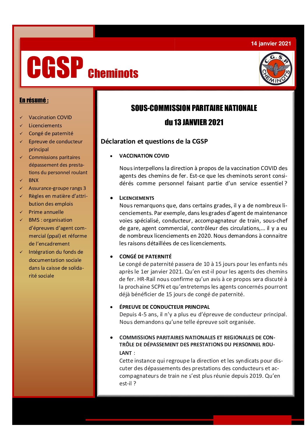 Compte rendu de la sous commission paritaire nationale du 13 janvier 2021