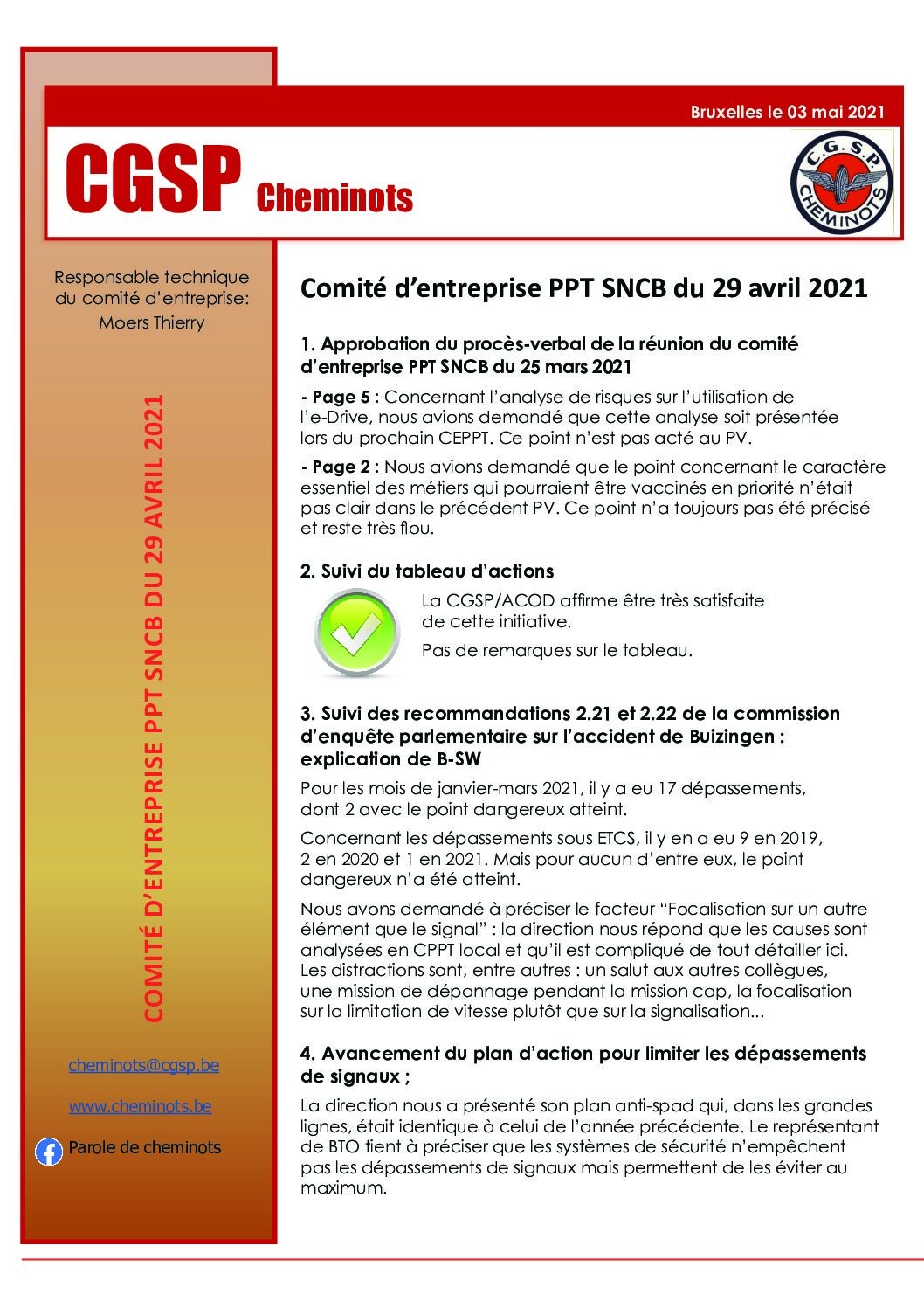 Comité d’entreprise PPT SNCB du 29 avril 2021