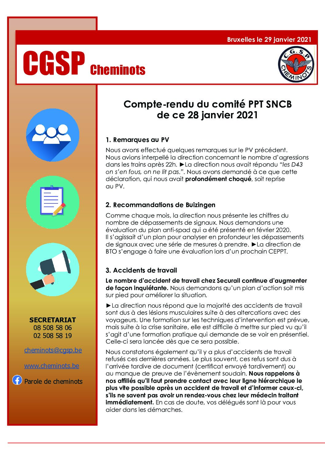 Compte-rendu du comité PPT SNCB de ce 28 janvier 2021