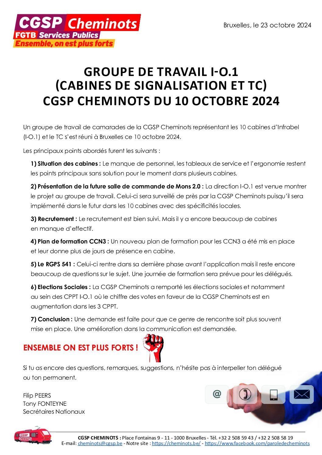 GROUPE DE TRAVAIL I-O.1 (CABINES DE SIGNALISATION ET TC) CGSP CHEMINOTS DU 10 OCTOBRE 2024