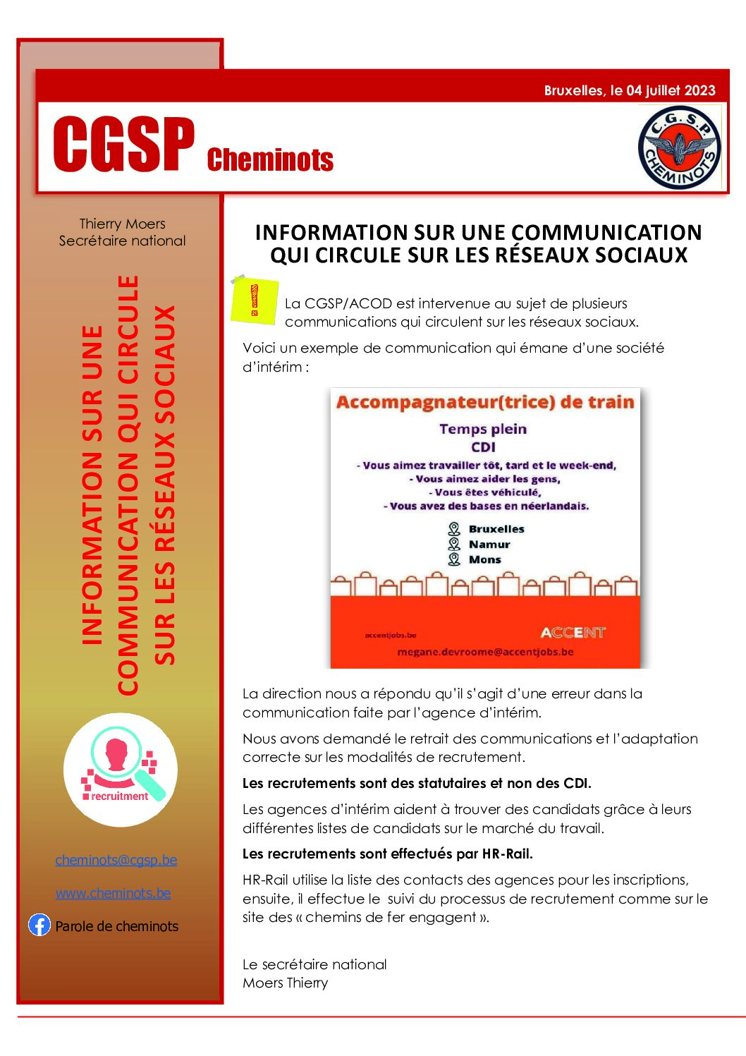 Information sur une communication qui circule sur les réseaux sociaux