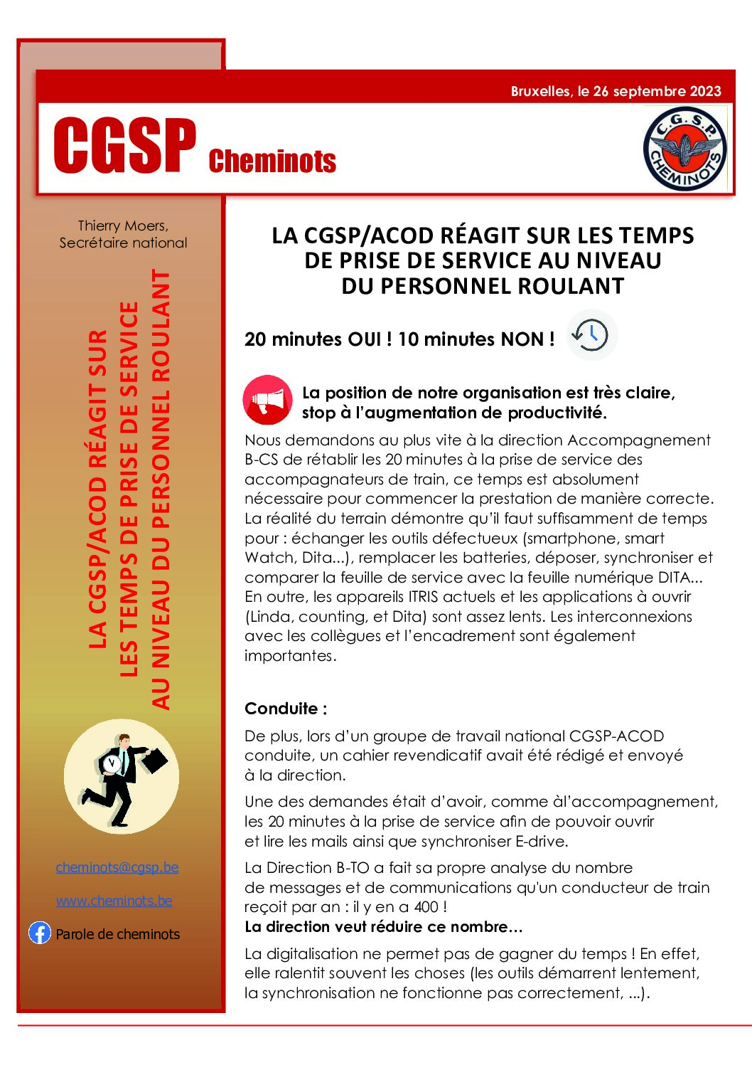 LA CGSP/ACOD RÉAGIT SUR LES TEMPS DE PRISE DE SERVICE AU NIVEAUDU PERSONNEL ROULANT