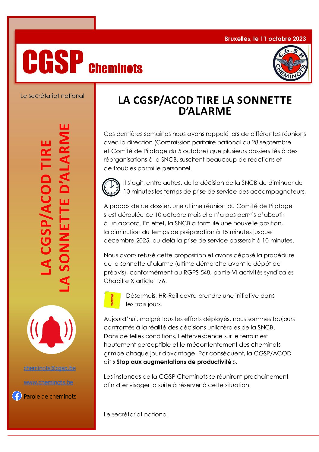 La CGSP/ACOD tire la sonnette d’alarme