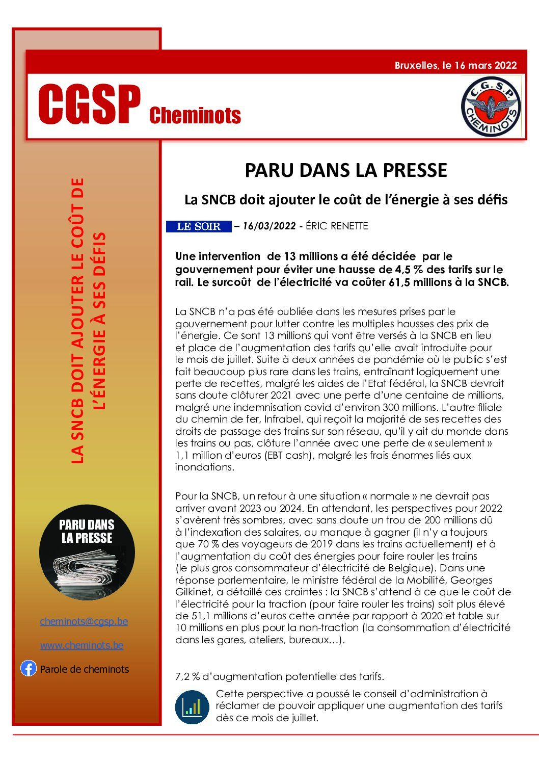 PARU DANS LA PRESSE : La SNCB doit ajouter le coût de l’énergie à ses défis