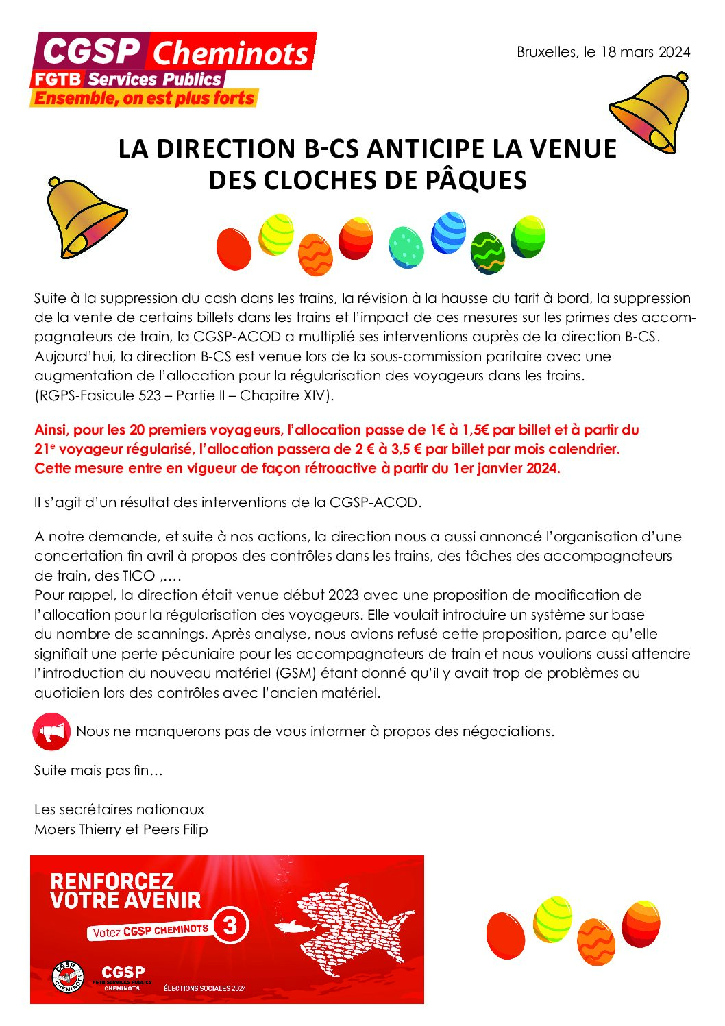 La direction B-CS anticipe la venue des cloches de Pâques