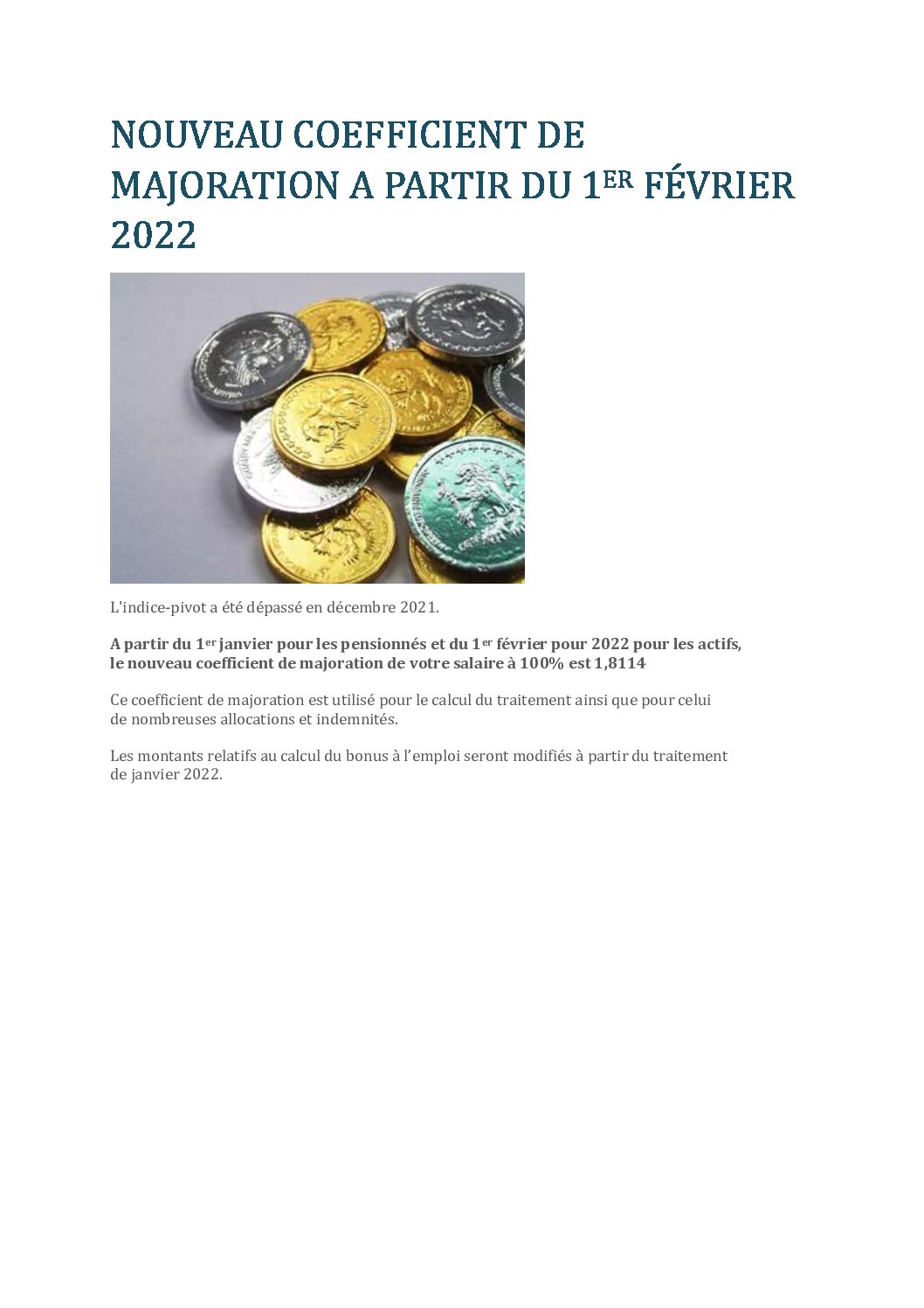 Nouveau coefficient de majoration a partir du 1er février 2022