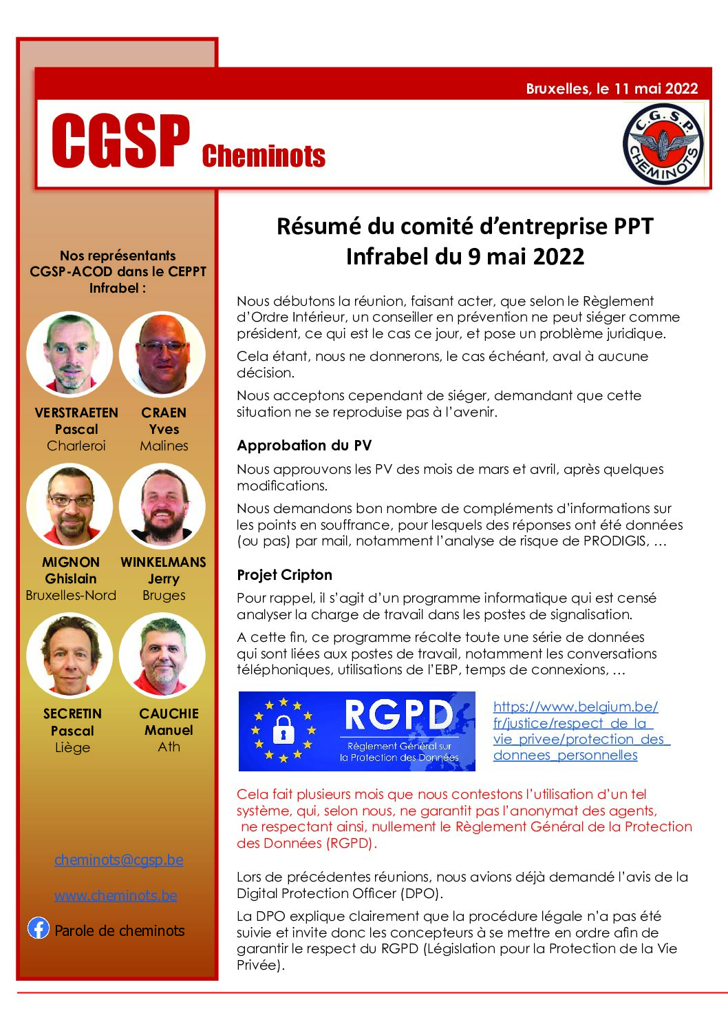 Résumé du comité d’entreprise PPT Infrabel du 9 mai 2022