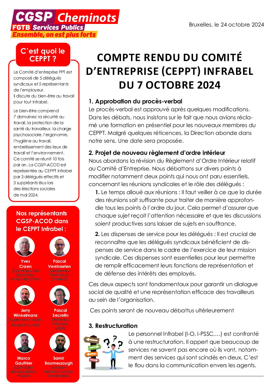 COMPTE RENDU DU COMITÉ D’ENTREPRISE (CEPPT) INFRABEL DU 7 OCTOBRE 2024