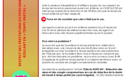 Respect des prestations du personnel roulant en « temps partiel »