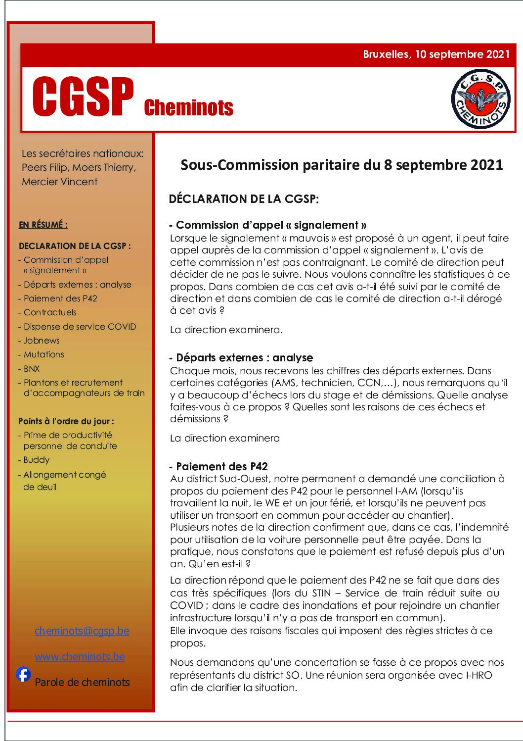 Sous-Commission paritaire du 8 septembre 2021