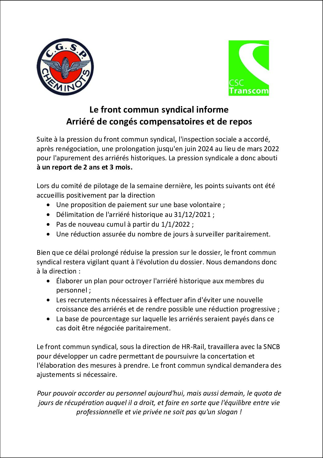 Front commun – arriéré de congés compensatoires et repos
