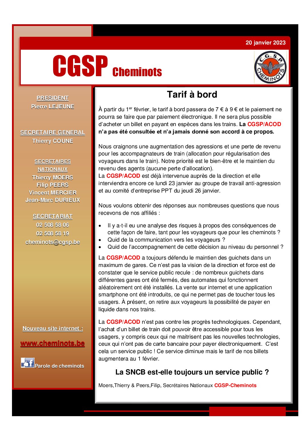 Tarif à bord