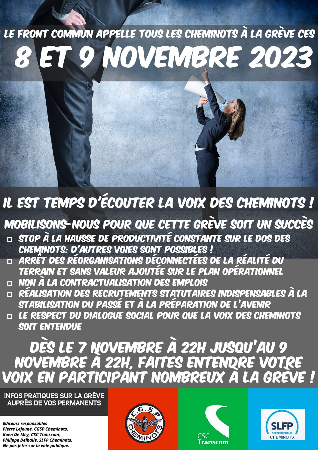 Le front commun appelle tous les cheminots à la grève ces 8 et 9 novembre 2023