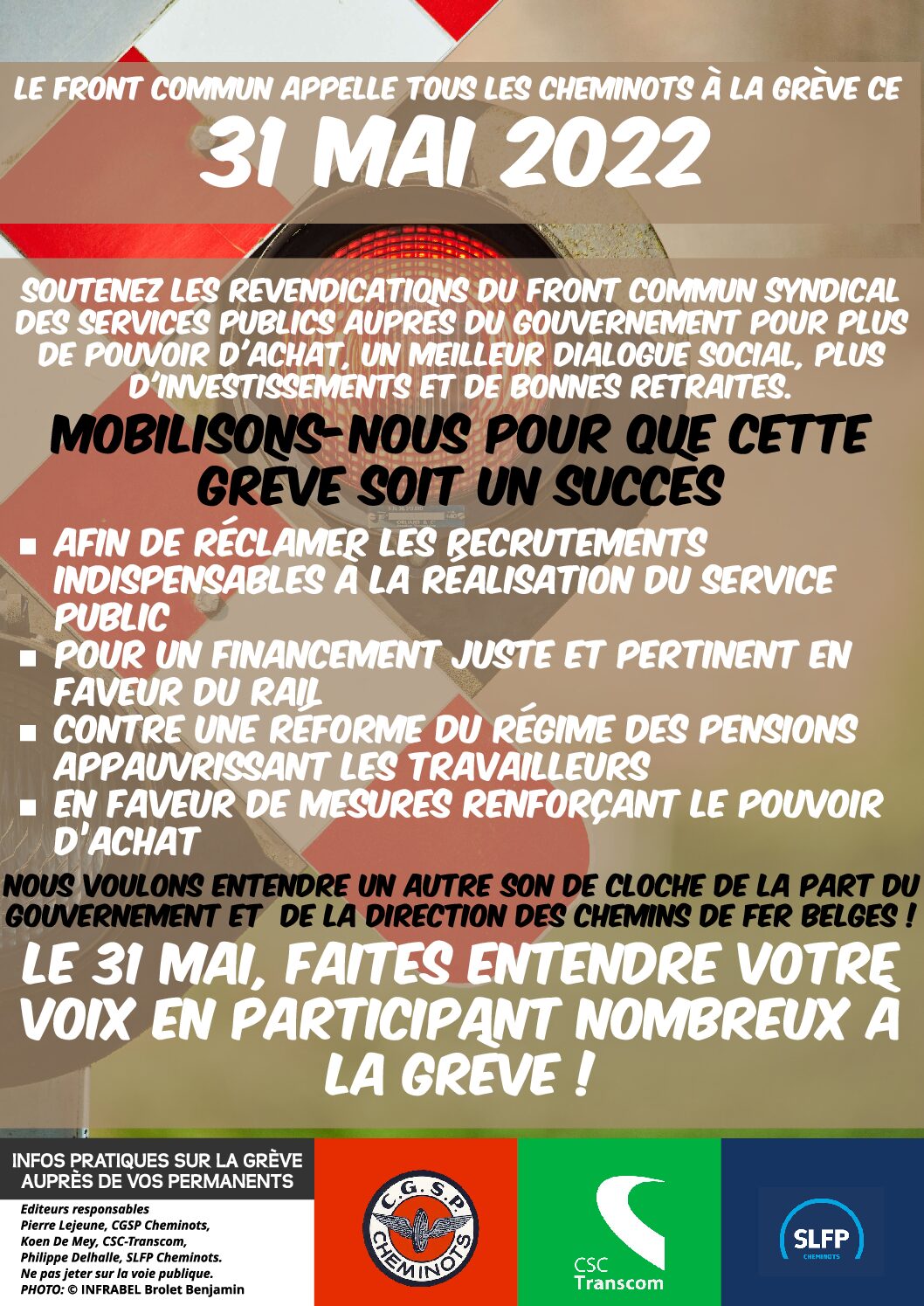 Le front commun appelle tous les cheminots à la grève ce 31 mai 2022