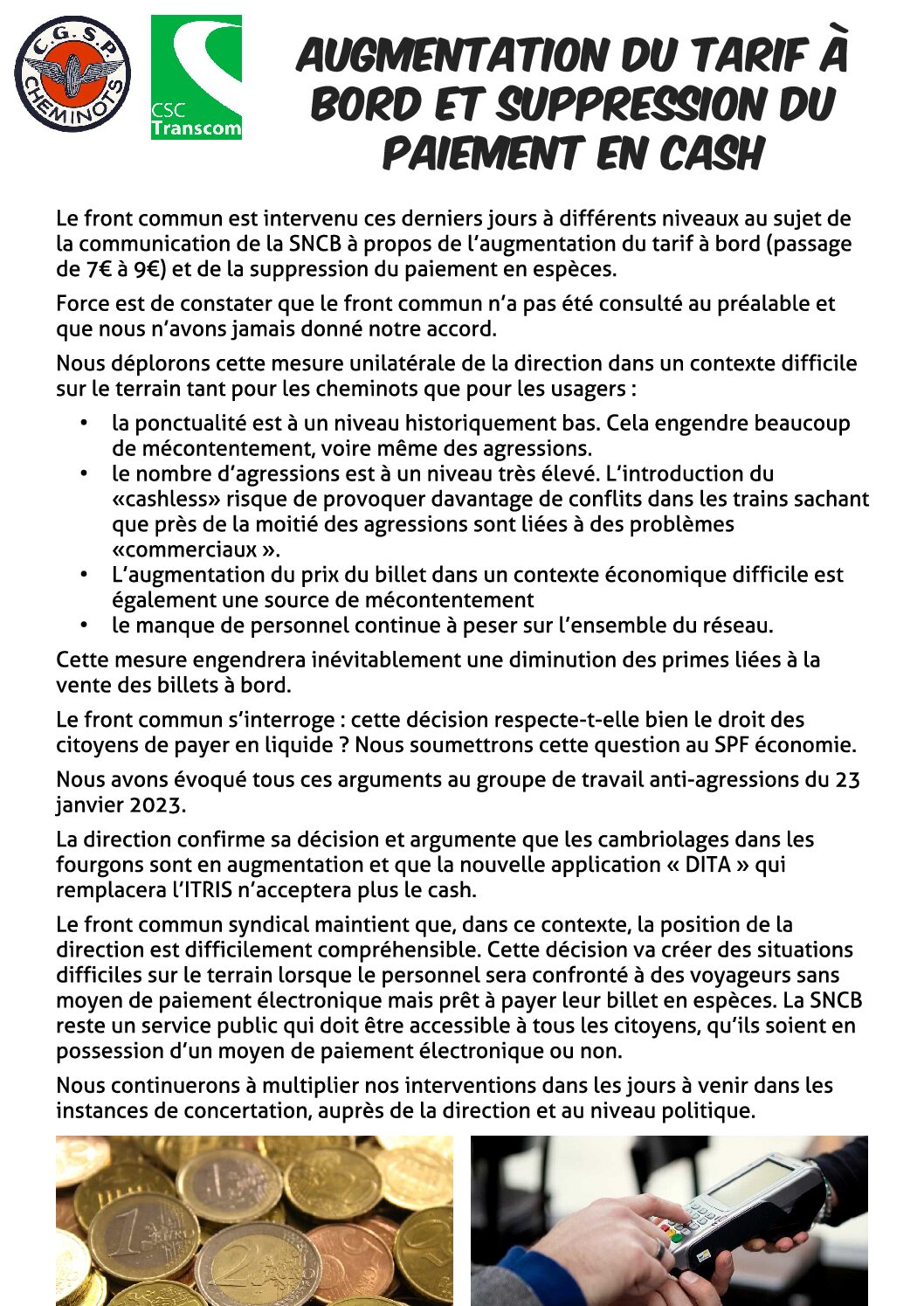 Augmentation du tarif à bord et suppression du paiement en cash