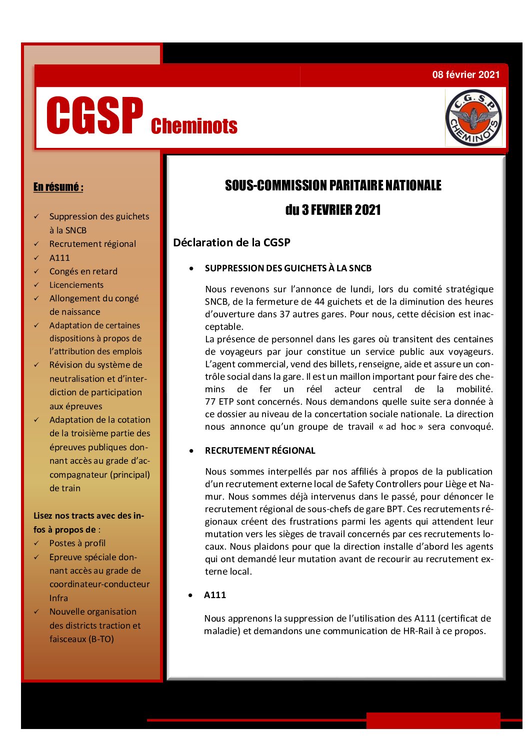 Sous-commission paritaire nationale du 3 février 2021