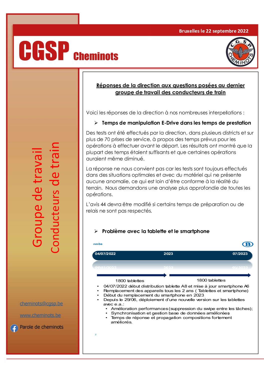 Réponses de la direction aux questions posées au dernier groupe de travail des conducteurs de train